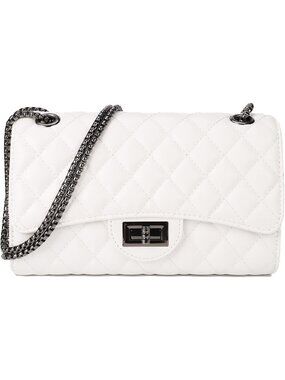 Women White Quilted Crossbody Structured Purse Shoulder Bag Chain Strap
